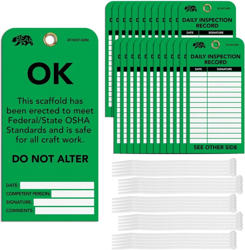 BearTOOLS Scaffold Tags - Safety Inspection Kit with Cable Ties - OK Scaffold Status Warning Sign - Laminated 3 x 6 in, Pack of 25 - Weatherproof, Tear-Resistant - Green Tags - Image 1